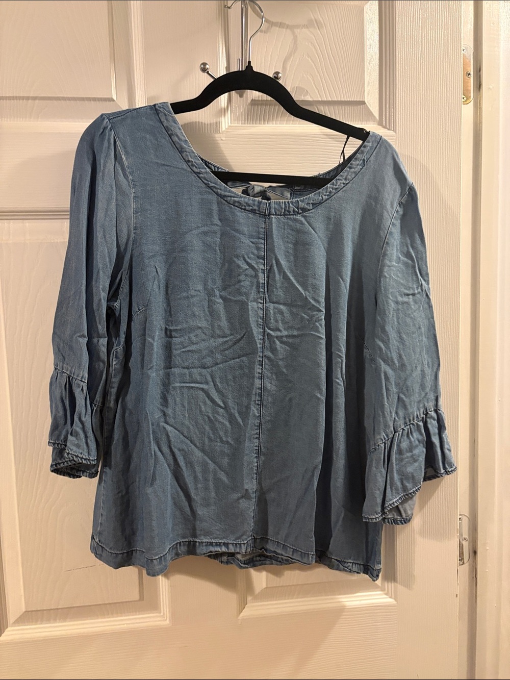 Blue Rain Denim-Look Ruffle Sleeve Peasant Blouse - Light Blue